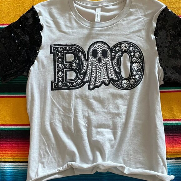 Sequin Sleeve Faux Rhinestone BOO Tee Shirt - Picture 1 of 2